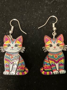 Colorful Cat Dangle Earrings Patterned Kitty Cat Lover Jewelry